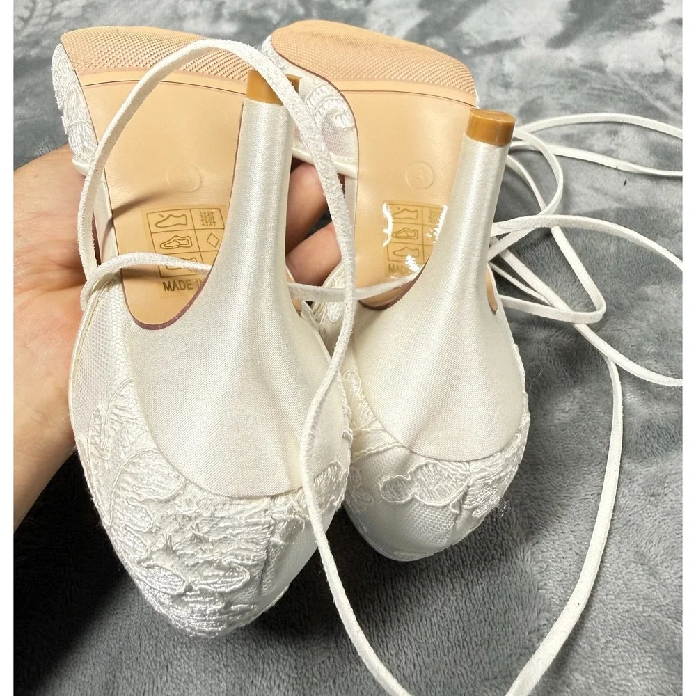 Erijunor Lace Heels Womens 3 Ivory Ankle Tie Lace Up Pointed Toe Bridal